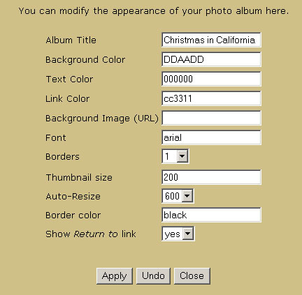 This is the properties page where the appearance of each album can be customized. If you specify an auto-resize size, when you a