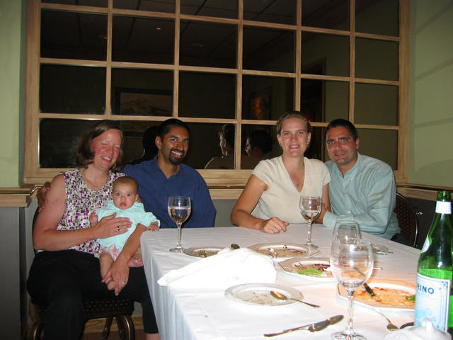 Jen, Bharat, Guillemette and Pierre meet for dinner